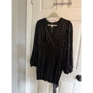 Hazel & Olive Black Sequin Mini Dress Wrap V-Neck Long Sleeve Sparkly Size L